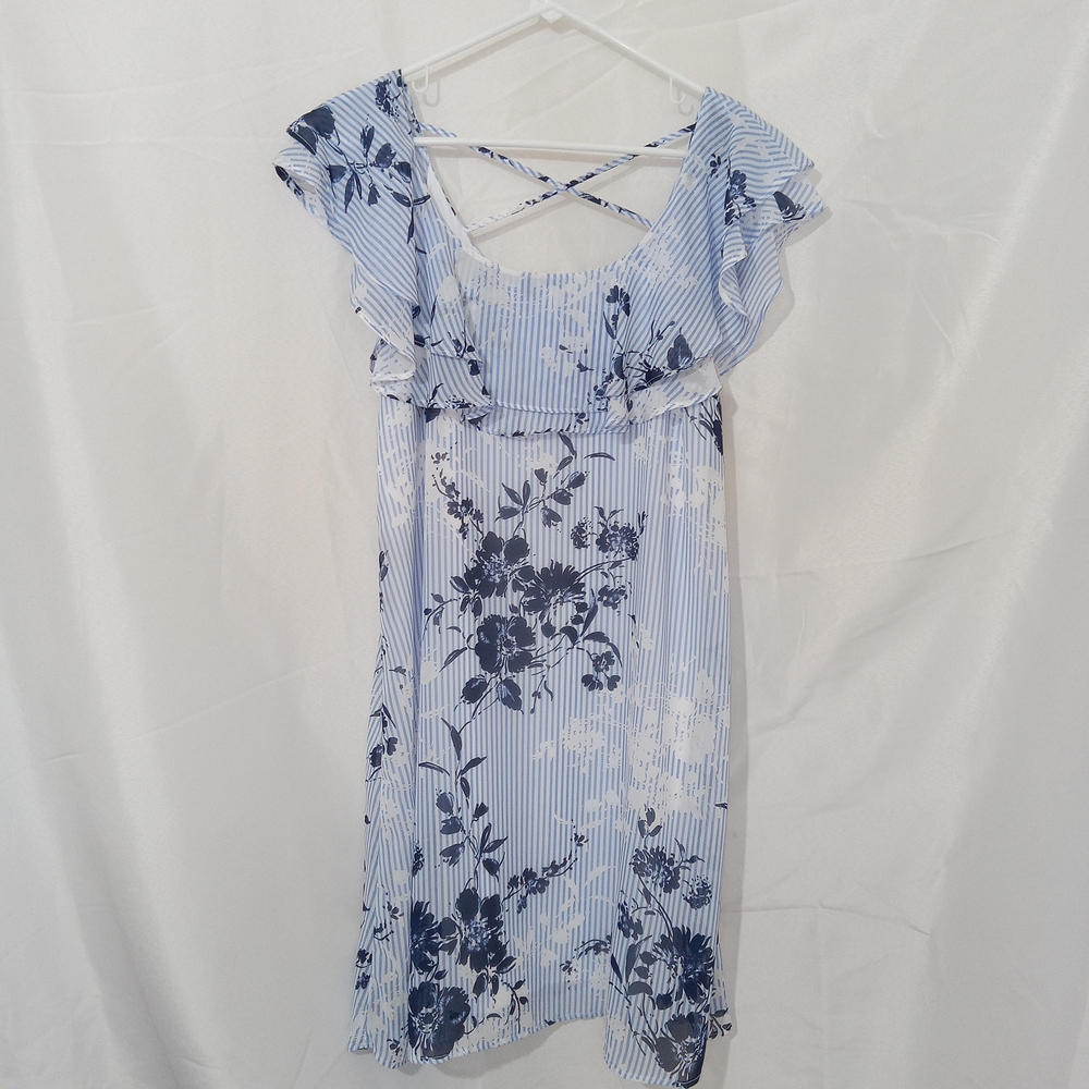 Harlow & Rose Blue Floral Dress Women’s Size M Ruffle Sleeve Striped A Line NWT